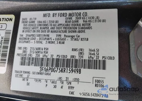 2019 Ford Fusion S from USA, damaged, VIN 3FA6P0G75KR159498